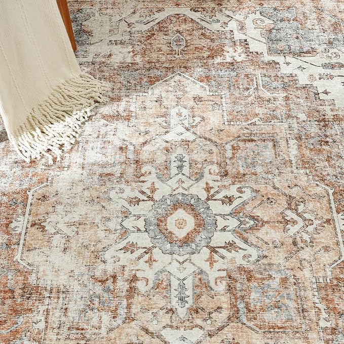 jinchan Area Rug 6x9 Washable Living Room Rug Vintage Indoor Large Floor Cover Distressed Lightweight Non-Slip Low Pile Thin Mat Accent Stain Resistant Carpet for Bedroom Dining Room Office Brick Red