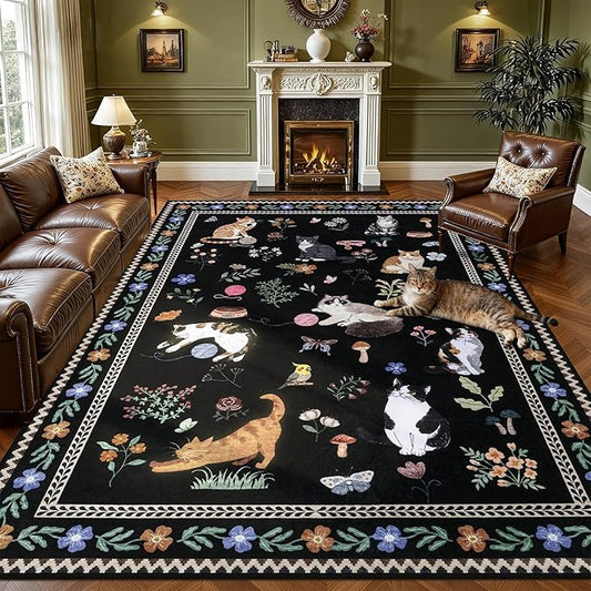 8x10 Area Rugs Living Room Rug: Vintage Washable Rug Floral Soft Carpet Indoor Floor Non-Slip Boho Stain Resistant Large Carpets for Bedroom Kids Nursery Dining Room Farmhouse Home Office Black/C01