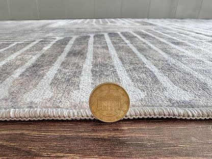 GLN Rugs Contemporary Collection - Machine Washable Area Rug, Contemporary Washable, Non Slip, Low Pile Chenille Rug, Living Room, Bedroom, Kitchen Rug (9' x 12' Lines Cream)