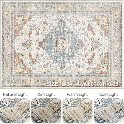 7x10 Area Rug Living Room: Washable Boho Large Neutral Vintage Soft Rug Stain Resistant Distressed Farmhouse Non-Slip Indoor Floor Carpet for Bedroom Nursery Kids Office Dining Room- Beige Blue