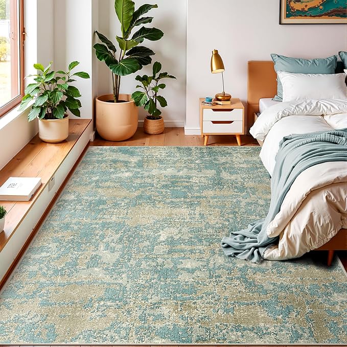WITSHOCK Living Room Area Rugs 7x9：Modern Abstract Machine Washable Large Rug for Bedroom Dining Room Non-Slip Stain Resistant Home Office Decor,Teal Brown