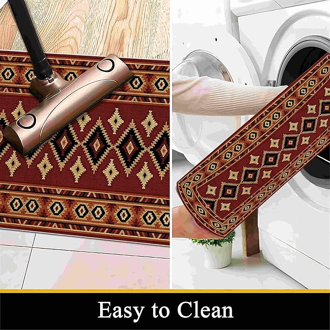 Burgundy Diamond Runner Rug, 2x10ft Hallway Runner Rugs - Corridor & Foyer Area Rugs, Non-Slip Mat Durable Rug, Washable Flannel Material, Southwestern Geometric Home Decor Carpet