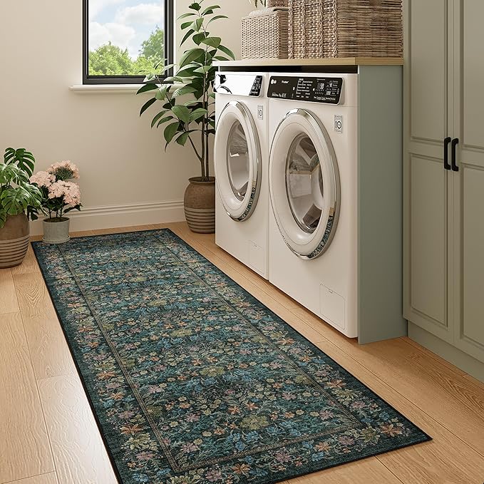 DUKINO 2x6 Runner Rug for Hallway, Washable Vintage Floral Kitchen Rug with Non Slip Backing, Soft Low Pile Throw Carpet Runner for Kitchen, Laundry, Hallway, Bathroom, Blue