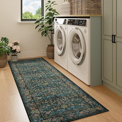 DUKINO 2x6 Runner Rug for Hallway, Washable Vintage Floral Kitchen Rug with Non Slip Backing, Soft Low Pile Throw Carpet Runner for Kitchen, Laundry, Hallway, Bathroom, Blue