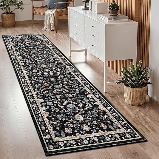 GarveeHome Washable Runner Rug 2.5 x 8 Non-Slip Non-Shedding Soft Vintage Bedside Low Pile Farmhouse Floral Carpet, Indoor Foldable Printed Entryway Rug for Hallway Kitchen, Black