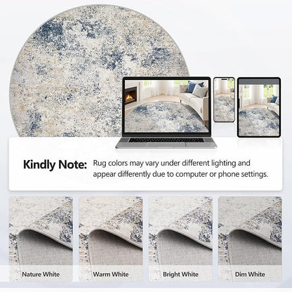 8ft Washable Round Rug - 8x8 Area Rugs Modern Abstract Rugs for Living Room Non-Slip Low Pile Soft Machine Washable Carpet for Bedroom, Living Room, Dining Room, Nursery, Farmhouse (8'x8' Beige Blue)