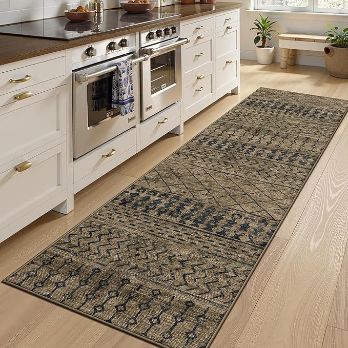 2x8 Machine Washable Runner Rug, Kitchen Hallway Area Rug, Brown Black Vintage Moroccan Rug Ultra Non-Slip Low Pile Soft Faux Wool Carpet, Kids and Pets Friendly for Bedroom Entryway Bedside Decor Rug