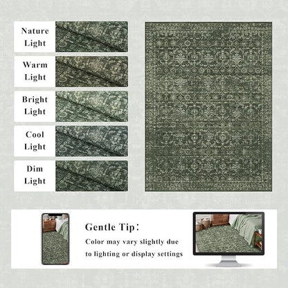 Washable Area Rug 9x12 Green Rugs for Living Room, Vintage Boho Large Rug for Bedroom Dining Room Office, Distressed Floral Print Carpet for Under Table, Soft Non Slip Low Pile Throw Carpet Indoor Mat
