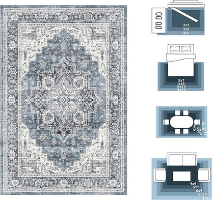 4x6 Area Rug for Bedroom Machine Washable Low Pile Vintage Distressed Rugs Stain Resistant Faux Wool Rug Ultra Soft Non-Slip Area Rugs for Living Room, Playroom, Kitchen,Home Office