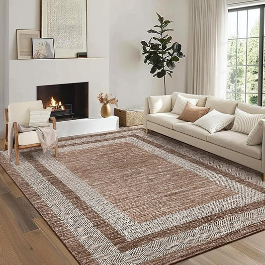 GarveeHome Modern Geometric Rug 4x6 Washable Rug for Living Room, Soft Non Shedding Indoor Carpet with Non Slip TPR Backing, Low Pile Thin Foldable Printed Floor Mats for Dining Room, Brown