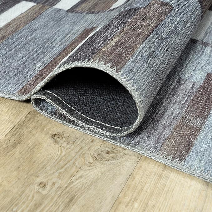 Bloom Rugs Washable Non-Slip 6' x 9' Rug - Blue/Brown Striped Area Rug for Living Room, Bedroom, Dining Room, and Kitchen - Exact Size: 6' x 9'