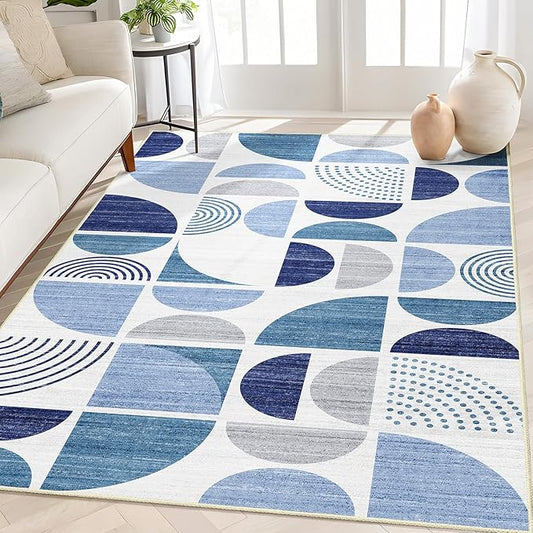 MUJOO Blue Rug Boho Washable,4x6.5 Area Rugs for Bedroom Entryway Living Room Bedside,Small Throw Floor Carpet Non Slip Soft Indoor Modern Abstract Navy Blue