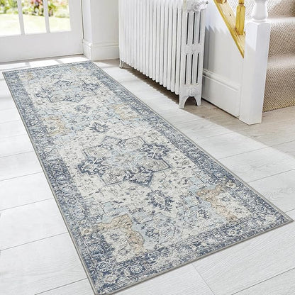 GENIMO Runner Rug 2x12, Non Slip Vintage Hallway Runner Rugs, Low Pile Lightweight Machine Washable Mat for Hallway, Entryway, Bedroom, Kitchen and Corridor, Blue