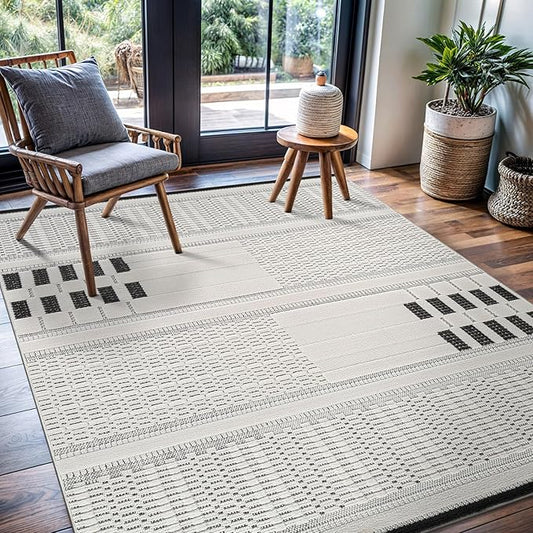 CAMILSON Modern Rug 5x7 Luxury Geometric Pattern Micro Loop Area Rugs Soft High and Low Pile Stain Resistant Easy to Clean Non-Shedding Durable Living Room Kitchen Indoor Carpet (White/Black)
