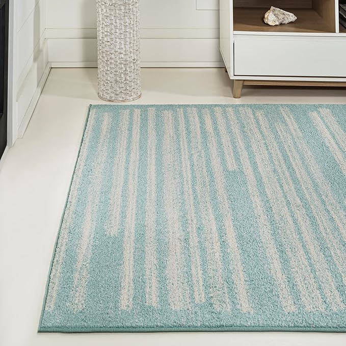 JONATHAN Y Khalil Modern Berber Stripe Turquoise/Cream Indoor Area Rug, 5x8, Contemporary, Bohemian, Easy-Cleaning for Living Room, Bedroom, Kitchen, Pet Friendly, Non-Shedding (MOH207D-5)