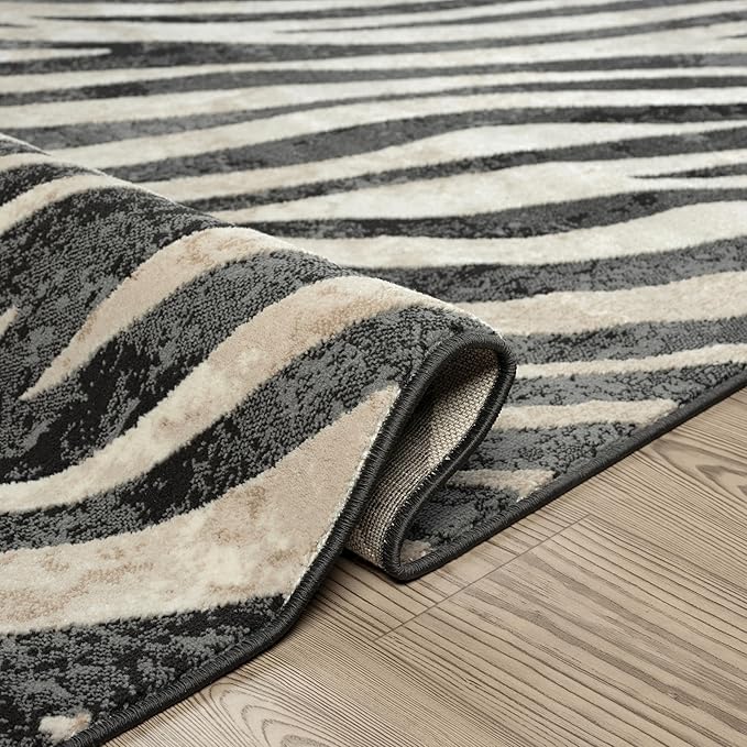 Abani Terra Area Rug for Living Room, Bedroom - Zebra Pattern - Black Cream - 5' x 8' - Durable & Easy to Clean