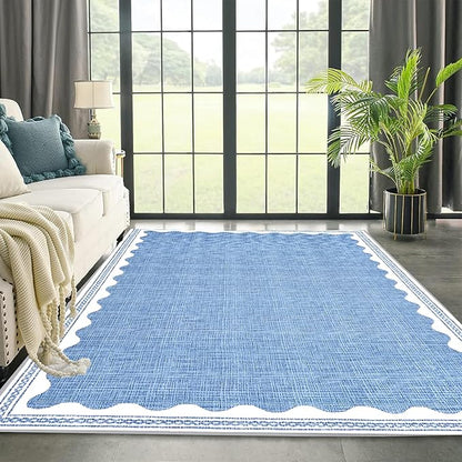 Scalloped Rug 5x7 Solid Blue Washable Non-Slip Rug for Living Room Modern Aesthetic Rugs for Bedroom Kitchen Dining Indoor Entry Entrance Floor