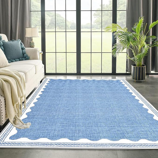 Scalloped Rug 5x7 Solid Blue Washable Non-Slip Rug for Living Room Modern Aesthetic Rugs for Bedroom Kitchen Dining Indoor Entry Entrance Floor