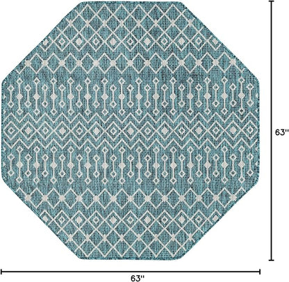 Unique Loom Outdoor Trellis Collection Area Rug - Tribal Trellis (5' 3" Octagon, Teal/ Ivory)