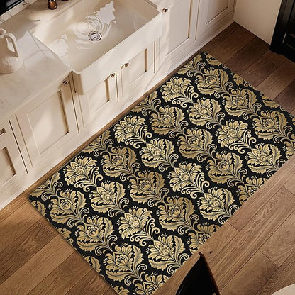 Black Damask Flower Golden Carpet for Living Room, 3x5 Non-Slip Washable Low Pile Abstract Design Rug, Space Saving Area Rug for Bedroom, Dining Room