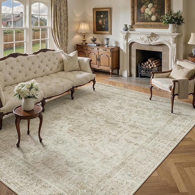 HUGEAR Retro Beige Area Rug 6x9 Machine Washable Living Room Rugs Distressed Vintage Floral Low Pile Carpet Bedroom Office Dining Room Laundry Room Non Slip Soft Lightweight