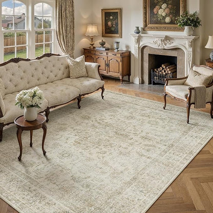 HUGEAR Retro Beige Area Rug 8x10 Machine Washable Living Room Rugs Distressed Vintage Floral Low Pile Carpet Bedroom Office Dining Room Laundry Room Non Slip Soft Lightweight