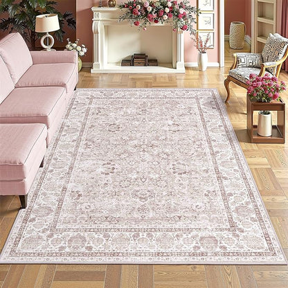 Pink Area Rugs 5x7 Nursery Rug for Baby Girl Neutral Floral Area Rug for Living Room, Vintage Boho Washable Rug Indoor Carpet for Bedroom Dining Room