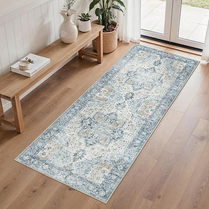 Runner Rug 2'6''x6, Non Slip Vintage Hallway Runner Rugs, Machine Washable Runners, Low Pile Lightweight Mat for Entryway, Hallway, Kitchen and Corridor, Blue