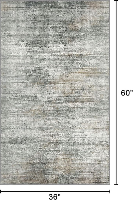 Bavni Washable Area Rug, Soft Grey Rugs Non-Slip, Thin Foldable 3x5 Rug, Modern Stain Resistant Rug for Living Room, Kitchen, Bedroom, Granite Gray