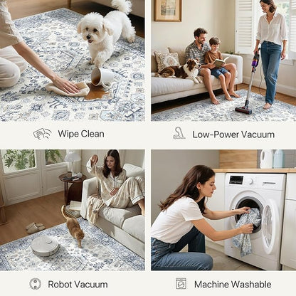 Bavni Washable Entry Rug 2x3, Non Slip Door Mat for Entryway or Kitchen, Vintage Print Low Pile Ultra Thin Indoor Rug, Light Blue