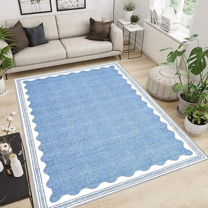 Scalloped Rug 3x5 Rugs Washable Non-Slip Low-Pile for Entryway Solid Blue Rug for Dining Room,Ultra Soft Modern Contemporary Aesthetic Carpet for Bathroom Living Room Dining Table