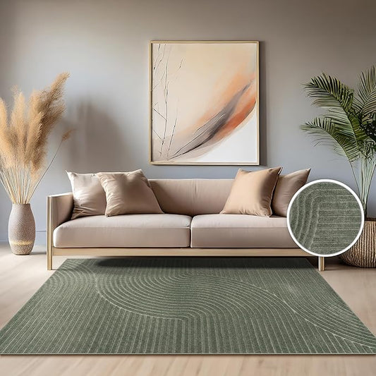 Paco Home Modern Area Rug with Raised Curved Line Pattern – Minimalist Design in Green, Size: 6'7" x 9'6"