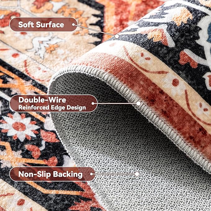 EnHomee 5x7 Area Rugs Washable for Bedroom, Boho Vintage Rugs, Foldable Area Rug for Dining Room, Non-Slip Soft Living Room Rug, Low Pile Large Carpet for Bathroom, Red