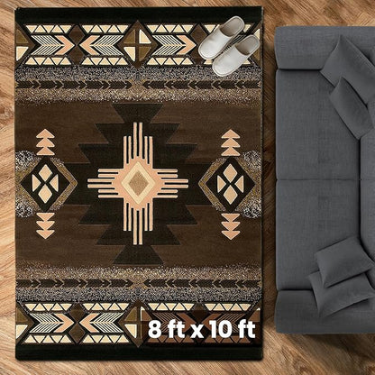 YHSF South West Native American Area Rug C318 - Easy Clean, Thick, Soft, Durable Native Tribal American Indian Inspired Rug for Bedroom/Living Room and More - Chocolate Brown, 8 Feet x 10 Feet