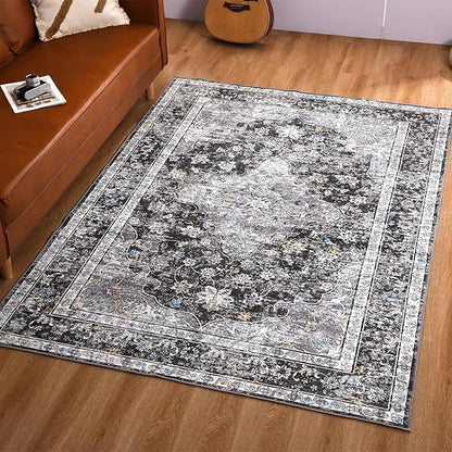 5x7 Washable Rug – Boho Non-Slip Indoor Area Rug for Living Room, Bedroom, Dining Room, Entryway – Charcoal Grey and Ivory with Blue Highlights