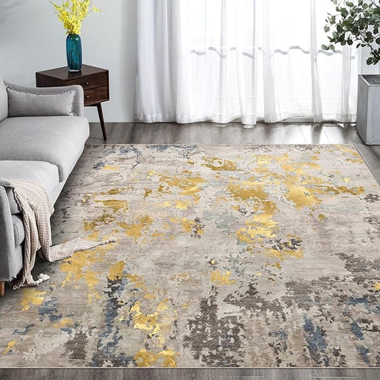 vivorug Washable Rug, Ultra Soft Area Rug 4x6, Non Slip Abstract Small Rug, Stain Resistant Rugs for Living Room Bedroom, Modern Fluffy (Grey/Mustard, 4'x6')
