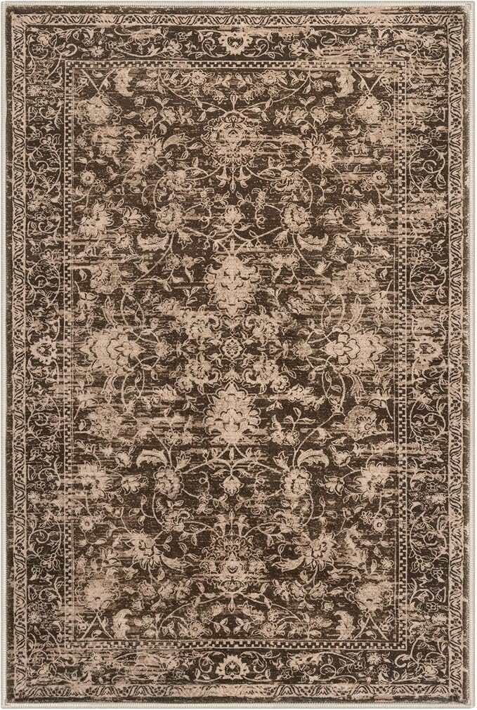 KILOCOCO Area Rug 3x5 Entryway Rug Washable Printed Vintage Floral Rubber Backed Non Slip Indoor Kitchen Rugs for Living Room Laundry Room Playroom Mudroom Moroccan Area Rugs, Rust Red