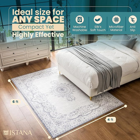 Istana 4x6 Rug - Grey & White Cream Area Rugs 4x6 - Kid & Pet Friendly Machine Washable Rugs - 4 x 6 Area Rug Non Slip & Non Shedding Area Rug - Foldable Rug for Room for Bedroom