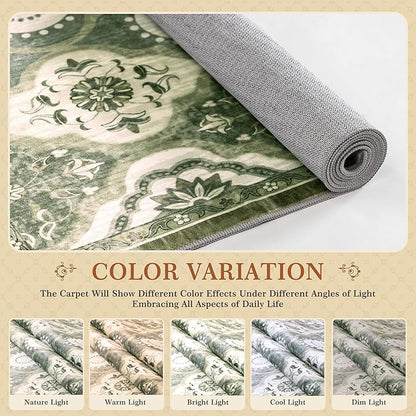 EnHomee Area Rugs 5x7, Soft Washable Rugs for Living Room Bedroom, Boho Non Slip Low Pile Stain Resistant Washable Rug Large Carpet for Dining Room,Easy to Clean Living Room Rug, Green