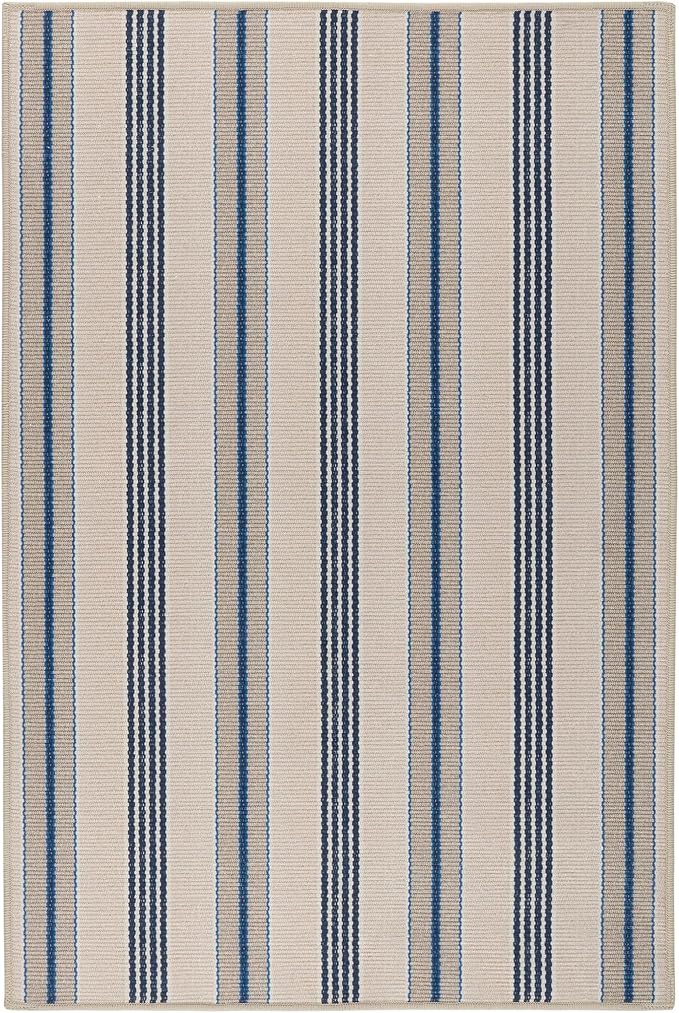Dash and Albert Nimes Ticking Machine Washable Area Rug - 6' x 9' Neutral Stripe Washable Accent Rug - Durable, High Traffic Areas Kitchen, Mudroom, Hallways