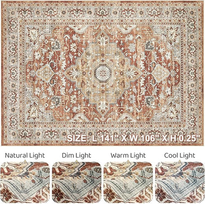 9x12 Area Rug Living Room: Machine Washable Boho Large Vintage Soft Rugs Stain Resistant Farmhouse Oriental Non Slip Indoor Floor Carpet for Bedroom Nursery Kids Playroom Office Dining Room- Red Brown