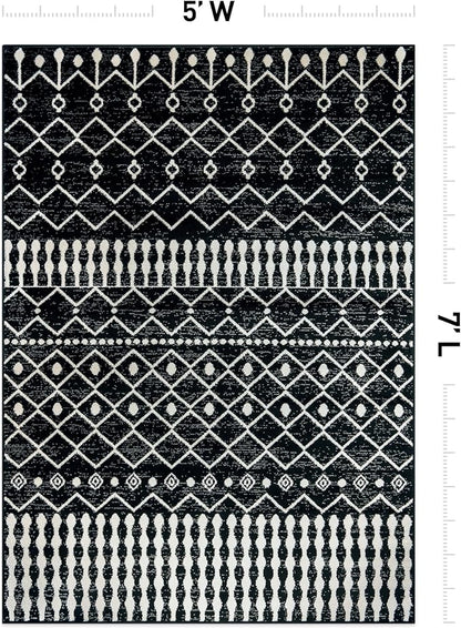 Rugshop Boho Black and White Tribal Area Rug – Geometric Diamond and Stripe Pattern Carpet for Living Room, Bedroom, or Entryway – Soft Modern Bohemian Floor Décor 5' x 7' Black