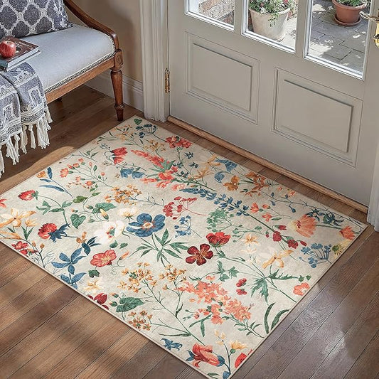 Beige Area Rug 2x3 Entryway Floral Boho Door Mat Indoor Washable Kitchen Carpet Non Slip Bedroom Lightweight Low Pile Accent Rug for Bathroom Living Room Office Dining Room