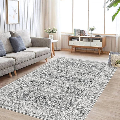 Deerly Grey Rug 6x9 Rugs for Living Room Distressed, Washable Area Rugs Non Slip Large Rug for Bedroom Dining Room Office, Floor Decoration Big Rug Mat Low-Pile(Grey)