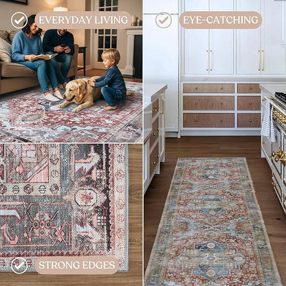 Washable Area Rug. Modern Farmhouse. Vintage. Turkish. Bohemian. Distressed. Oriental. Traditional. Rugs for Living Room. Dining. Bedroom. Office. Entryway. Foyer. (858RM, 2'5" x 6'5")