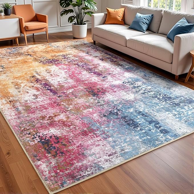 Washable Abstract Rug, 6x9 Modern Area Rugs with Non-Slip Rubber Backed for Living Room, Thin but Soft Contemporary Carpet Kitchen Bedroom Dining Room Decor, Galaxy