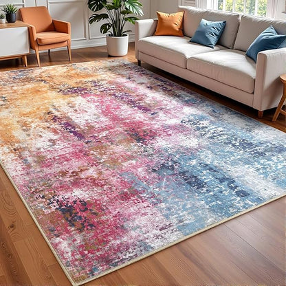Washable Abstract Rug, 4x6 Modern Area Rugs with Non-Slip Rubber Backed for Living Room, Thin but Soft Contemporary Carpet Kitchen Bedroom Decor, Galaxy