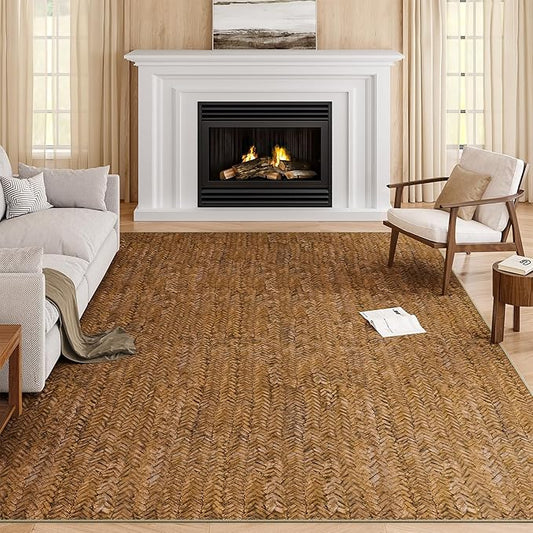 Eleisa Modern Vintage 8x10 Herringbone Chevron Area Rug for Living Room, Brown, Non-Slip Stain Resistant Washable Rug, Farmhouse Home Decor Carpet for Bedroom, Kitchen, Dining Room