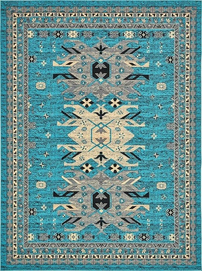 Unique Loom Taftan Collection Border Geometric Tribal Inspired Design Area Rug (9' 10 x 13' 0 Rectangular, Turquoise/ Gray)