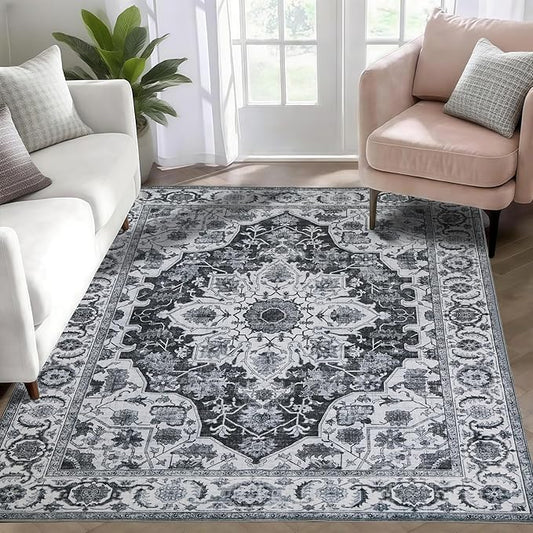 WILLSUN Washable Area Rugs, 3x5 Non-Slip Boho Large Area Rugs for Living Room, Bedroom, Machine Washable Vintage Rug, Indoor Floral Print Carpet for Home Decor, Kid & Pet Friendly Mat